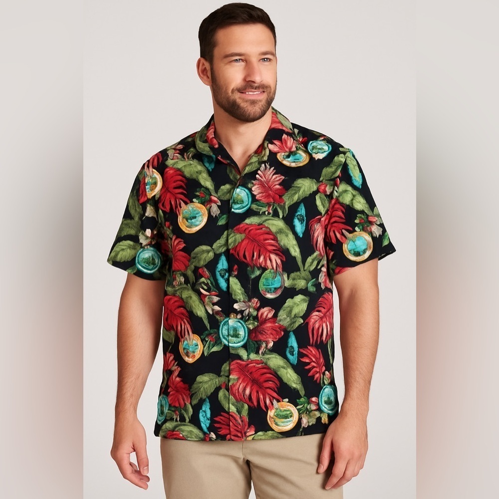 Tommy Bahama “With Bells On” Holiday/Christmas 100% Silk Camp Shirt - Men’s Sz L